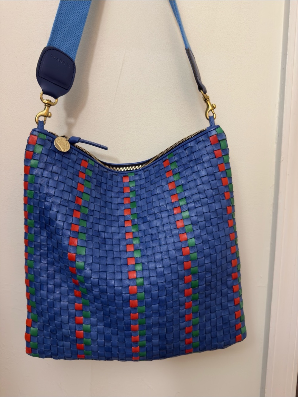 Rare Clare V. Handwoven Leather Messenger Bag Blue Red Green Checkered Stripe - Picture 2 of 15